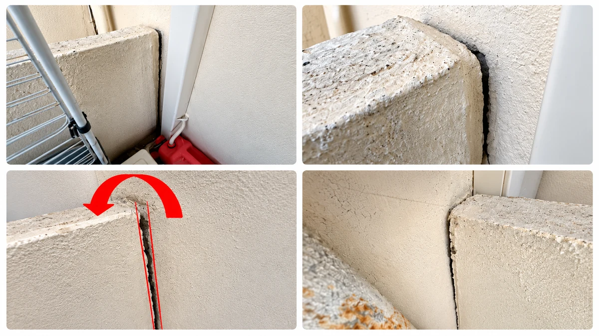 Basculement d'un élément de balcon avec fissure et décollement au niveau de la jonction avec le mur