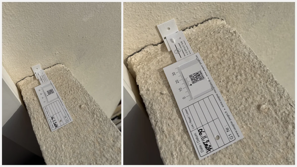 Fissuromètre installé sur une fissure de balcon en béton à Antibes pour surveiller son évolution